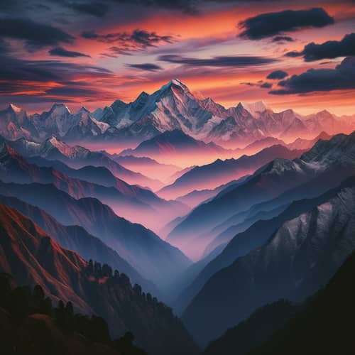 Breathtaking Himalayan Sunset: Majestic Peaks and Vibrant Sky