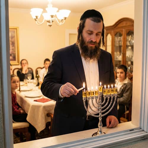 Frum Man Lighting the Menorah Frum Man Lighting the Menorah