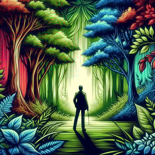 Enigmatic Figure in Lush Forest - Vibrant and Mystical Scene