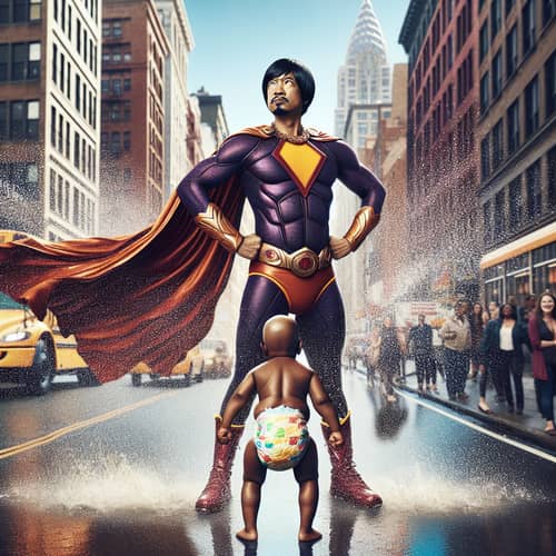 Powerful Toddler Superhero in Vibrant Costume Stands Triumphantly