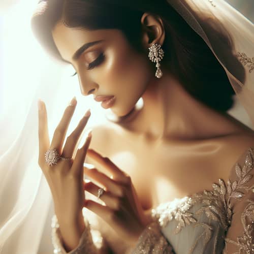 South Asian Bride with Halo Engagement Ring - Ethereal Bridal Beauty