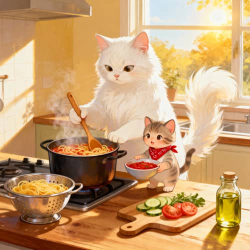 White Cat Cooking Pasta with Her Child White Cat Cooking Pasta with Her Child