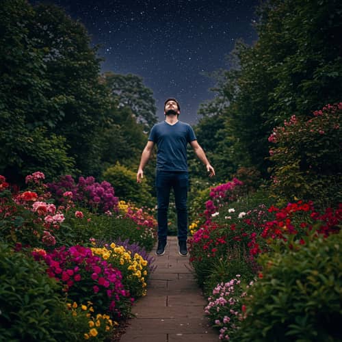 Man Levitating in a Night Garden