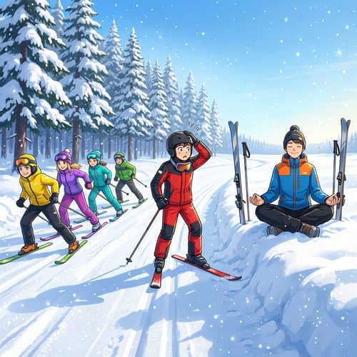 Whimsical Anime Winter Scene with Skiers