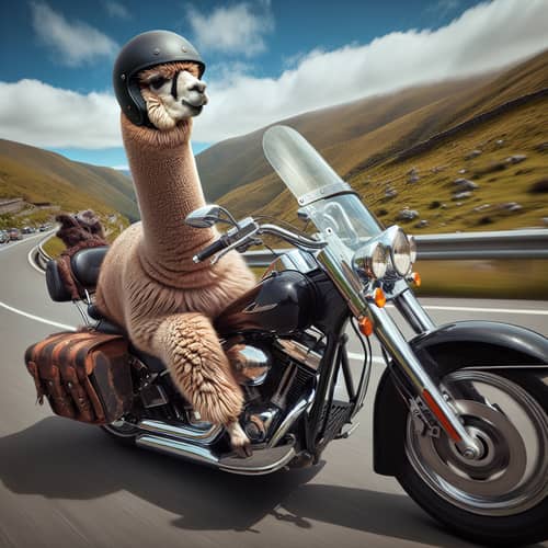 Male Alpaca Riding Motorcycle on Winding Road | Adventure Scene
