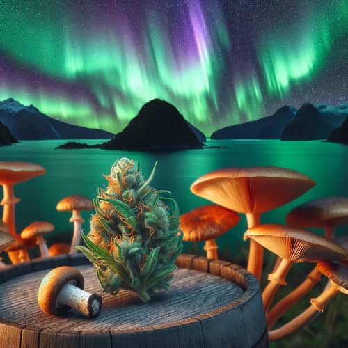 Marijuana Bud and Mushrooms with Southern Aurora Lights in New Zealand