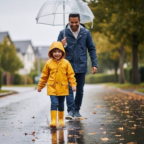 Happy Child Walking in the Rain with Dad Happy Child Walking in the Rain with Dad