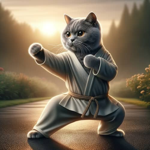 Domestic Short-Haired Gray Cat Demonstrating Kung Fu Stance