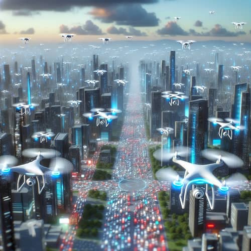 Advanced Future: Countless Drones in Ultramodern Cityscape