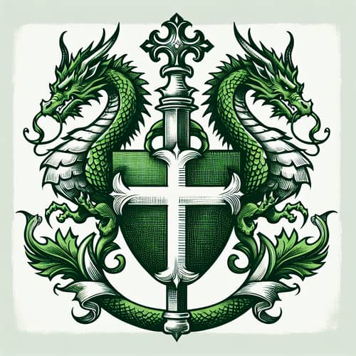Green Coat of Arms with Dragon and Cross Drawing Style