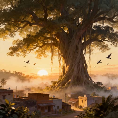 Banyan Tree Sunrise Over Indian Village - Anime Art