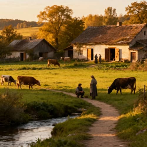 Serene Green Fields and Homes at Golden Hour