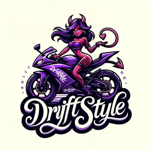 DriftStyle Logo - Devilish Female Character on Purple R15 Motorcycle