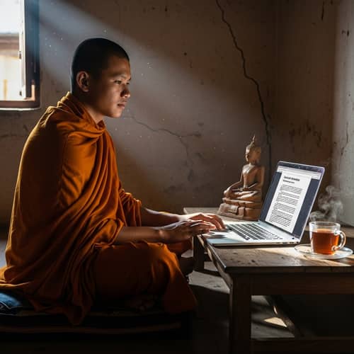 Young Buddhist Monk Embracing Technology