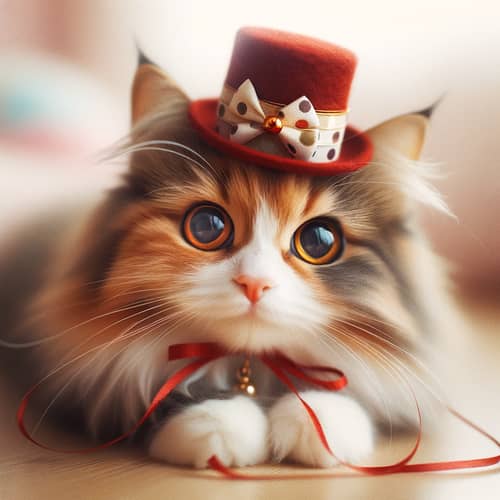 Fluffy Calico Cat Wearing Miniature Top Hat