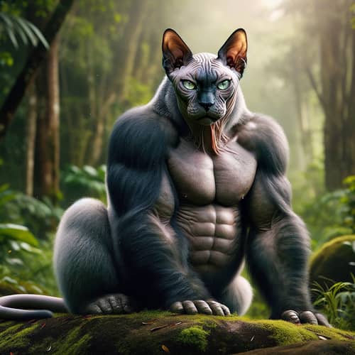 Mystical Sphinx-Gorilla Hybrid in Tropical Forest