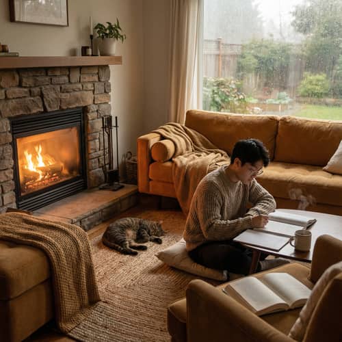 Cozy Rainy Day with Warm Fireplace Vibes