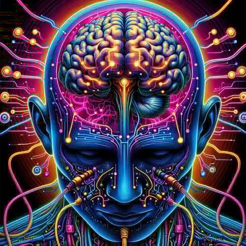 Surreal NFT Style Human Head with Exposed Brain and Electric Cables