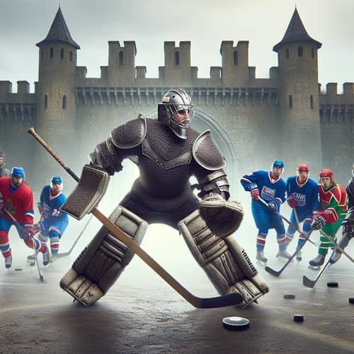 Medieval Knight Hockey Goalkeeper Defends Castle Gate