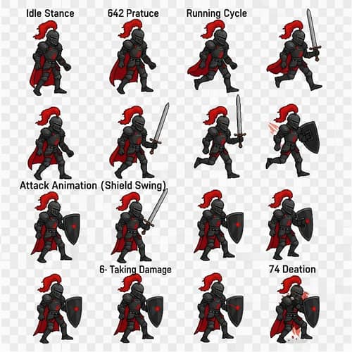 Knight Sprite Sheet - Black and Red Armor Design