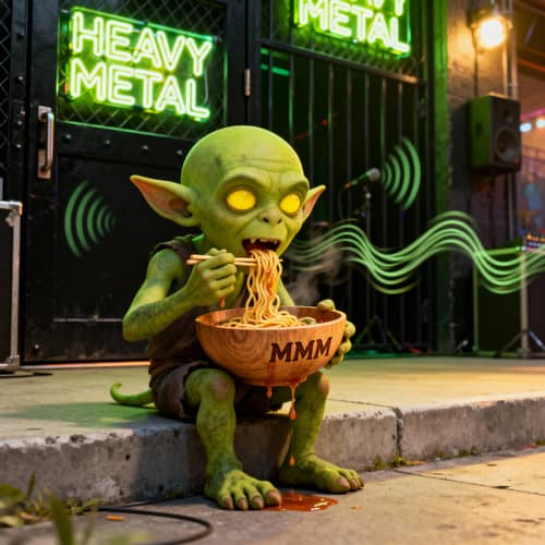 Bald Green Goblin Enjoys Noodles Outside Metal Concert Bald Green Goblin Enjoys Noodles Outside Metal Concert
