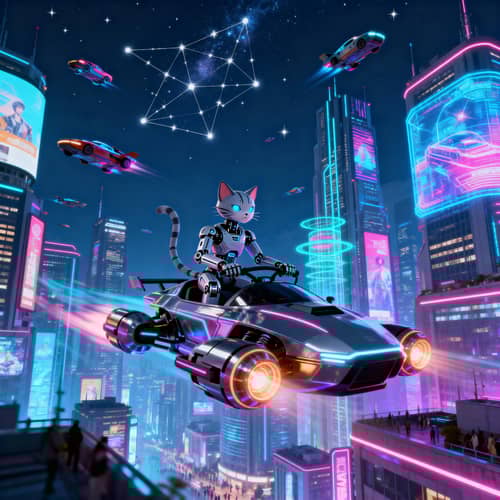 Futuristic Robotic Feline in a Dazzling Cityscape Futuristic Robotic Feline in a Dazzling Cityscape