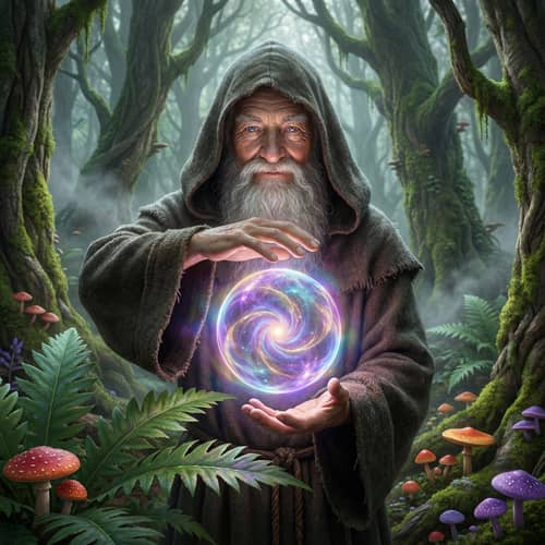 Enchanting Wizard in a Magical Forest Scene Enchanting Wizard in a Magical Forest Scene