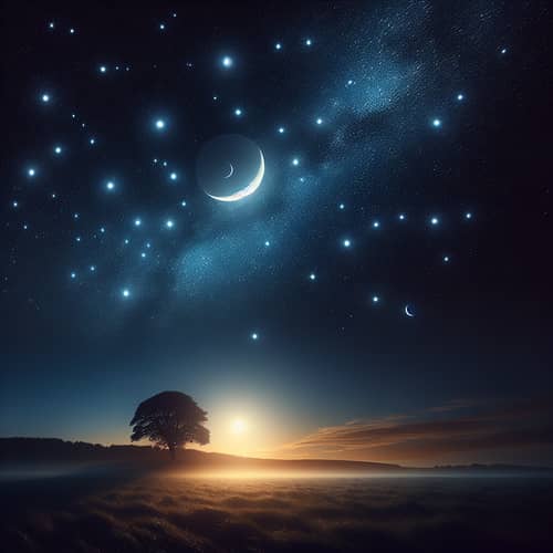 Starry Night Sky with Moon and Serene Landscape