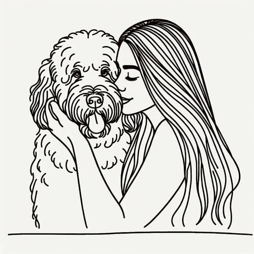 Minimalist Vector Illustration of Young Woman Embracing Adult White Curly Dog