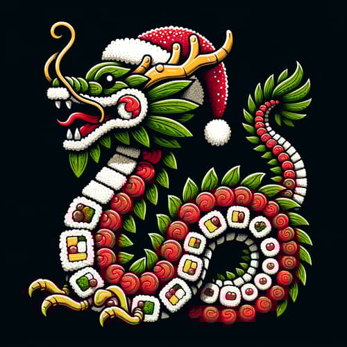 Charming Sushi Dragon Illustration with Santa Hat for Holidays