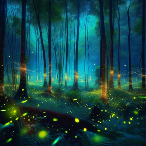 Mystical Forest Illuminated by Fireflies - Captivating Nature Beauty