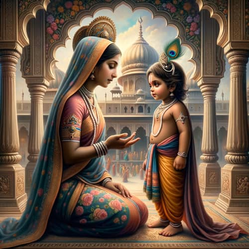 Beautiful Kid Lord Krishna and Mother Yashoda in Indian Palace Painting