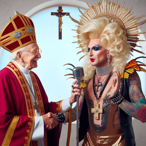 Religious Figure Engages with Flamboyantly Dressed Singer