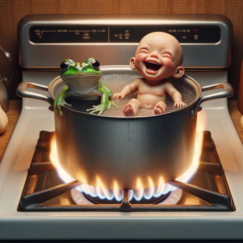 Joyful Frog and Person Escaping Boiling Pan on Stove