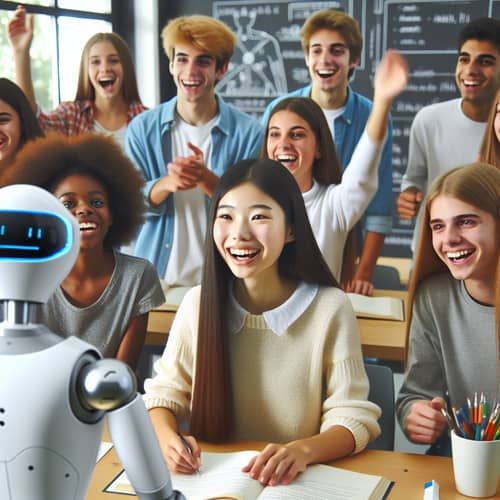 Diverse Teenage Students Engaged in Studies with Advanced AI | Futuristic Classroom