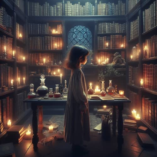 Mystical Secret Library with Alchemy Table and Enchanted Books