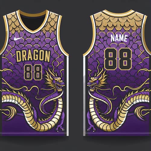 Purple & Gold Dragon Basketball Uniform Design with Player Name & Number