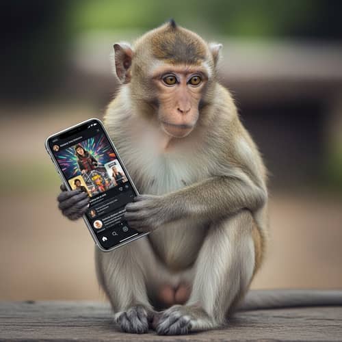 Curious Monkey Engrossed in Smartphone Video