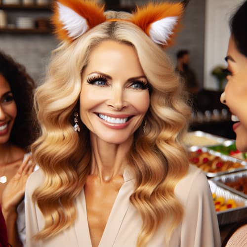 Beautiful Adult Girl with Blond Wavy Hair and Red Fox Ears