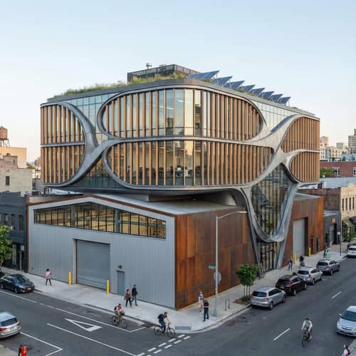 Modern Two-Level Building Design with Glass and Metal