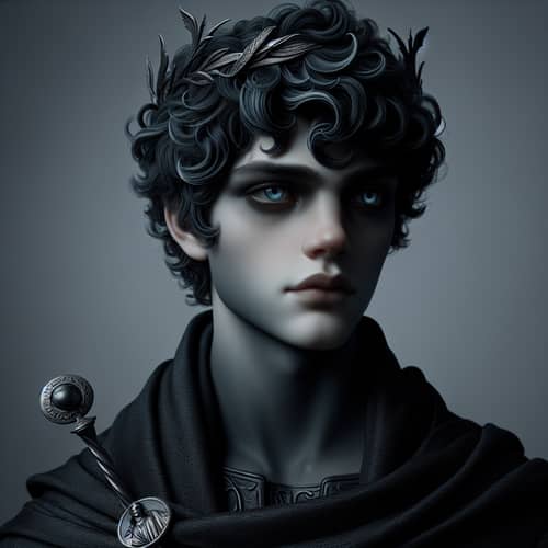 Son of Hades: Mythological Figure with Ebony Robe and Silver Scepter