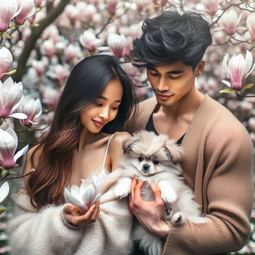 Tender Moment in Magnolia Garden: South Asian Woman, Hispanic Man, and Dog