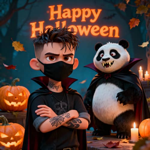 Ven and Halloween Panda - Pixar Style Illustration Ven and Halloween Panda - Pixar Style Illustration
