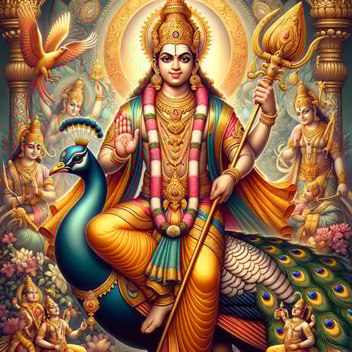 Divine Lord Subramanya - Majestic Deity on Peacock | Traditional Indian Art