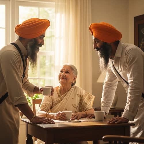 Sikh Men Discuss Life with Elderly Woman