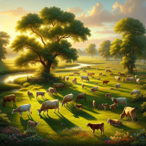 Tranquil Pasture with Cattle: Serene Rural Landscape