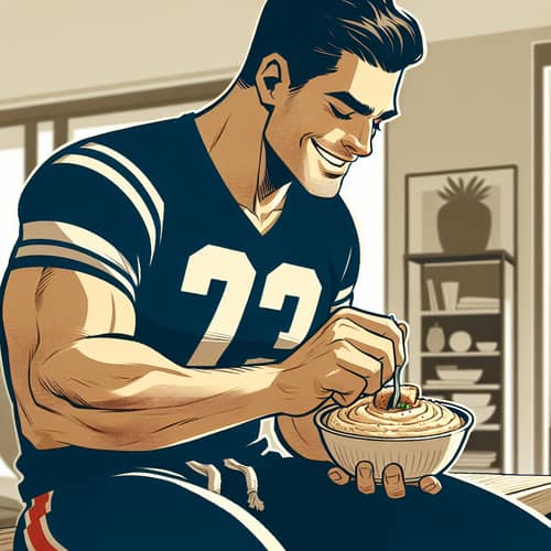Athletic Man Enjoying Hummus - Football Player Delighting in Meal