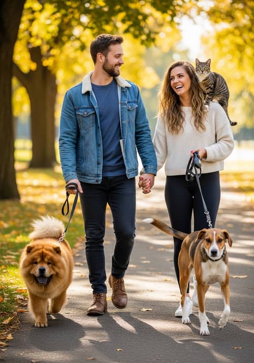 Couple with Chow Chow Dog and Cat - Family Moments