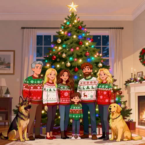 Cartoon Family Christmas with Cute Pets
