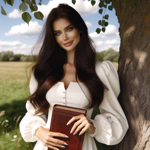 Beautiful Woman with Dark Hair and Blue Eyes in White Dress